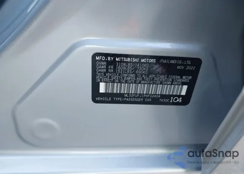 2023 Mitsubishi Mirage G4 Black Edition/Es/Le из США, поврежденный, VIN ML32FUFJ1PHF02404